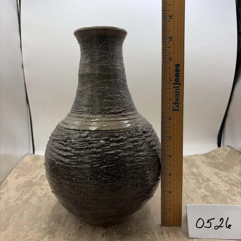 Handcrafted Studio Pottery case W/Metallic Grey Glaze & Textured Ribbed Signed